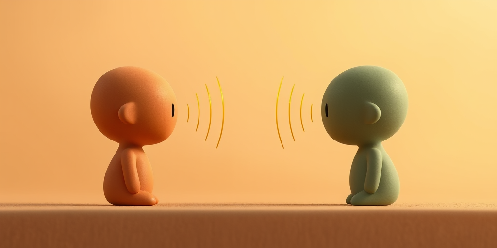 Two personas facing each other with rippling sound waves meeting in the center