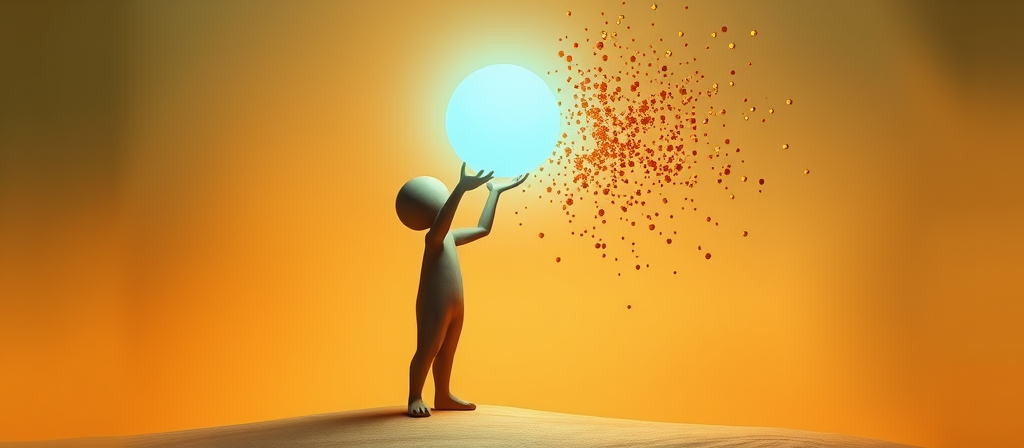 A clay figurine holding a cyan orb of light that dissolves dark particles