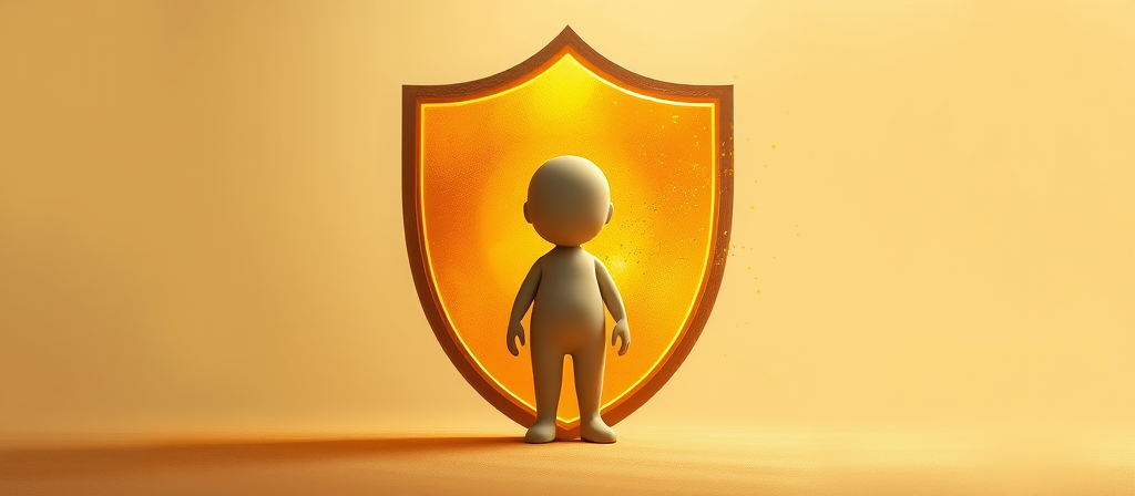 A clay figurine standing behind a protective golden shield